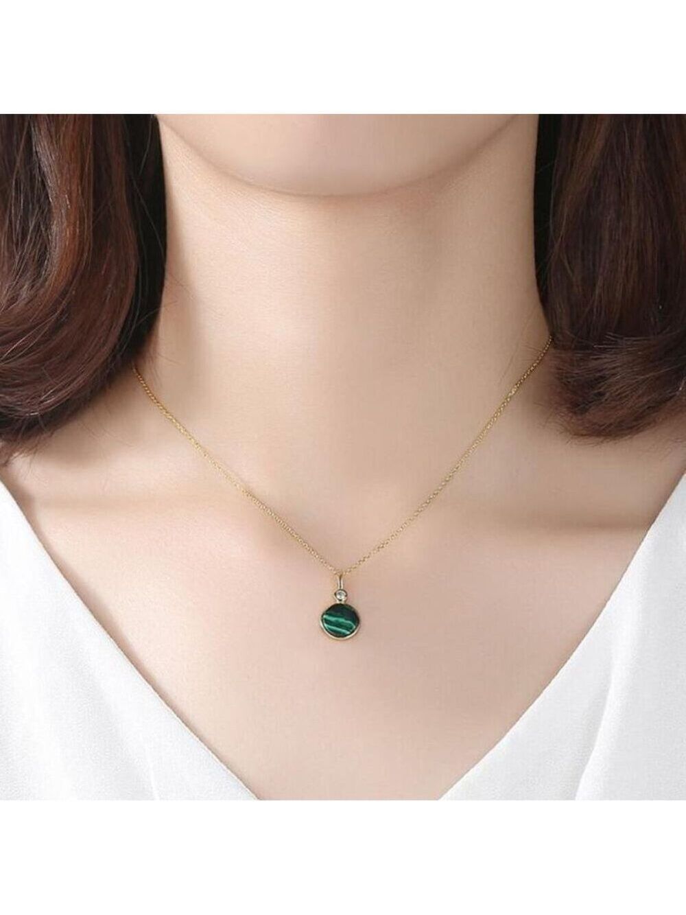 18KY Gold Plated over Sterling Silver Malachite and CZ Necklace - Picture 2 of 6